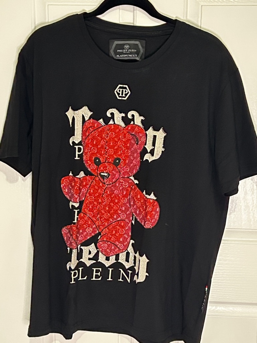 Philipp Plein Black Tee with Bedazzle Red Teddy
